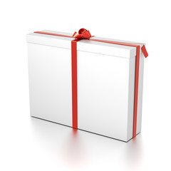White gift box with red ribbon bow tie from top side angle. Tall, wide, vertical, long, rectangle and large size.