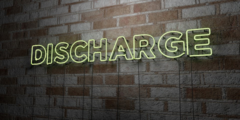 DISCHARGE - Glowing Neon Sign on stonework wall - 3D rendered royalty free stock illustration.  Can be used for online banner ads and direct mailers..