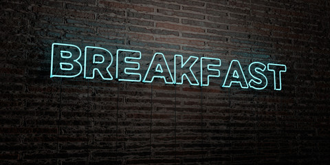 BREAKFAST -Realistic Neon Sign on Brick Wall background - 3D rendered royalty free stock image. Can be used for online banner ads and direct mailers..