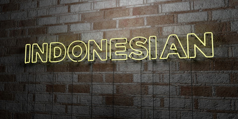 INDONESIAN - Glowing Neon Sign on stonework wall - 3D rendered royalty free stock illustration.  Can be used for online banner ads and direct mailers..