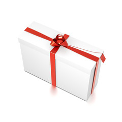 White gift box with red ribbon bow tie from top side closeup angle. Tall, wide, horizontal, rectangle and medium size.