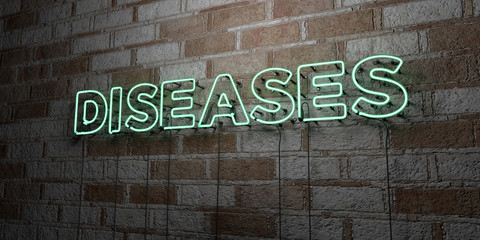 DISEASES - Glowing Neon Sign on stonework wall - 3D rendered royalty free stock illustration.  Can be used for online banner ads and direct mailers..