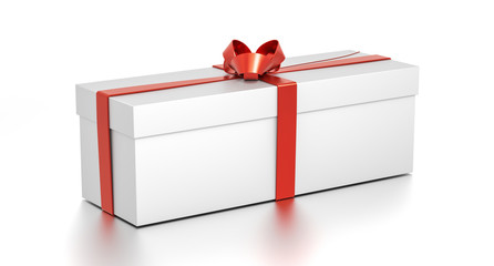 White gift box with red ribbon bow tie from side angle. Wide, horizontal, rectangle and medium size.