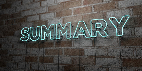 SUMMARY - Glowing Neon Sign on stonework wall - 3D rendered royalty free stock illustration.  Can be used for online banner ads and direct mailers..