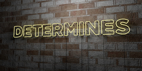DETERMINES - Glowing Neon Sign on stonework wall - 3D rendered royalty free stock illustration.  Can be used for online banner ads and direct mailers..