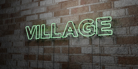Fototapeta na wymiar VILLAGE - Glowing Neon Sign on stonework wall - 3D rendered royalty free stock illustration. Can be used for online banner ads and direct mailers..