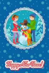 Vector illustration winter card congratulation new year. Happy family sculpts snowman. Merry Christmas.