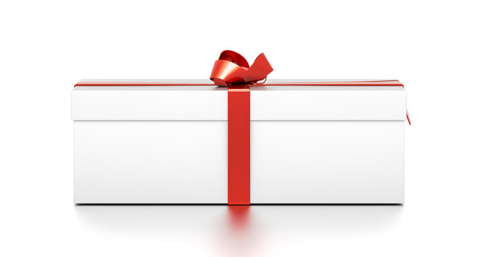 White gift box with red ribbon bow tie from top front angle. Wide, horizontal, rectangle and medium size.