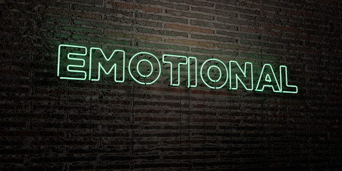EMOTIONAL -Realistic Neon Sign on Brick Wall background - 3D rendered royalty free stock image. Can be used for online banner ads and direct mailers..