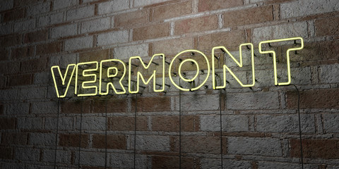 VERMONT - Glowing Neon Sign on stonework wall - 3D rendered royalty free stock illustration.  Can be used for online banner ads and direct mailers..