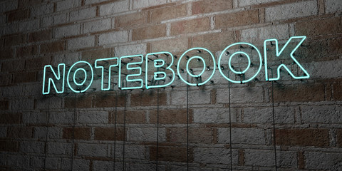 NOTEBOOK - Glowing Neon Sign on stonework wall - 3D rendered royalty free stock illustration.  Can be used for online banner ads and direct mailers..