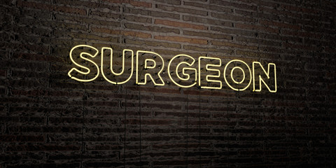 SURGEON -Realistic Neon Sign on Brick Wall background - 3D rendered royalty free stock image. Can be used for online banner ads and direct mailers..