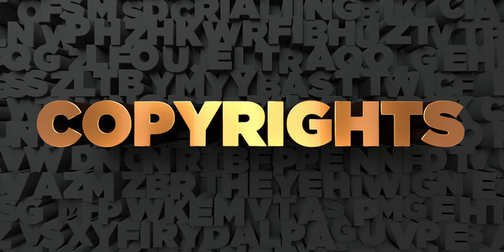 Copyrights - Gold text on black background - 3D rendered royalty free stock picture. This image can be used for an online website banner ad or a print postcard.