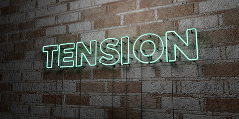 TENSION - Glowing Neon Sign on stonework wall - 3D rendered royalty free stock illustration.  Can be used for online banner ads and direct mailers..