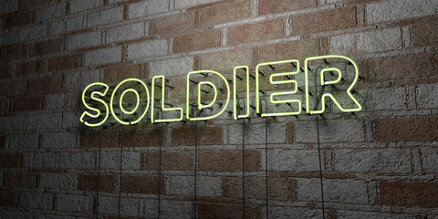 SOLDIER - Glowing Neon Sign on stonework wall - 3D rendered royalty free stock illustration.  Can be used for online banner ads and direct mailers..