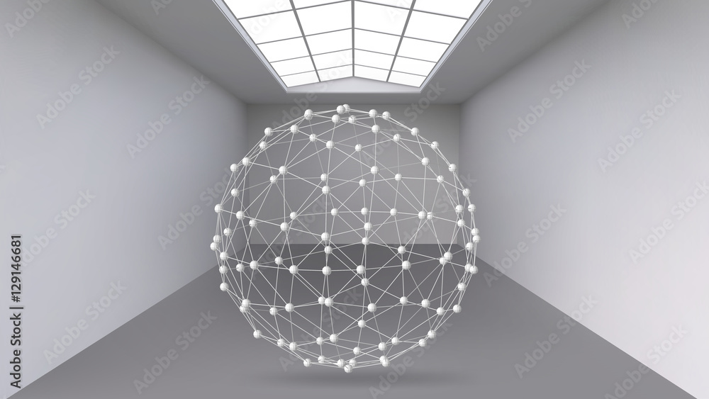 Poster hanging abstract polygonal object. the white room with the subject in the middle. exhibition space f
