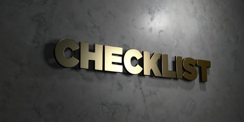 Checklist - Gold text on black background - 3D rendered royalty free stock picture. This image can be used for an online website banner ad or a print postcard.