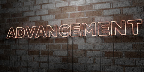 ADVANCEMENT - Glowing Neon Sign on stonework wall - 3D rendered royalty free stock illustration.  Can be used for online banner ads and direct mailers..