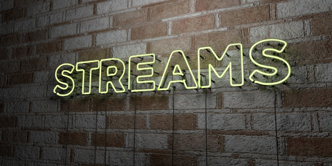 STREAMS - Glowing Neon Sign on stonework wall - 3D rendered royalty free stock illustration.  Can be used for online banner ads and direct mailers..