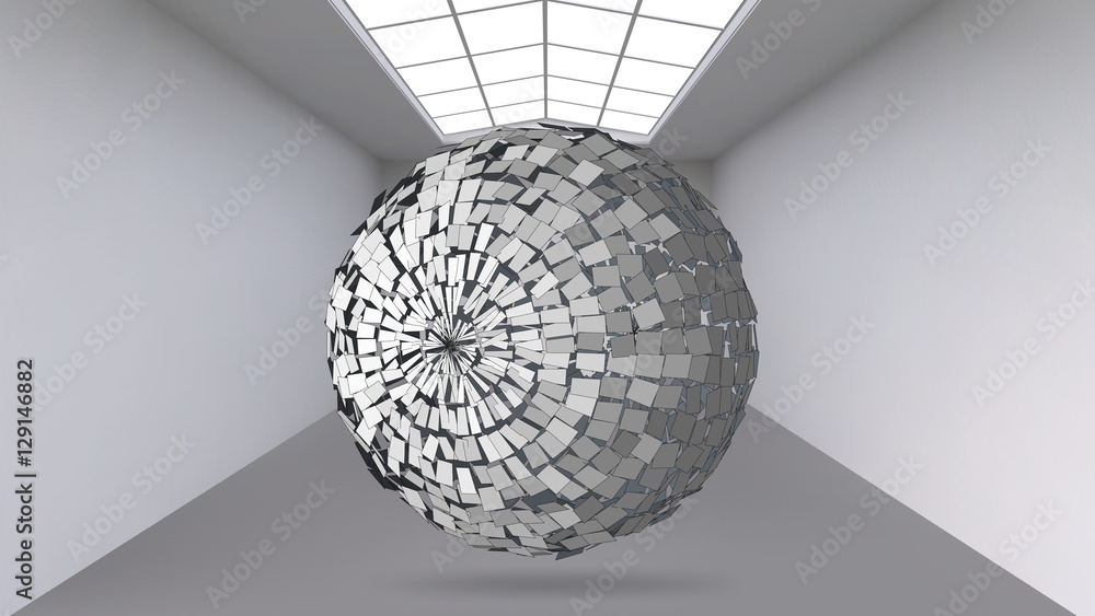 Poster hanging abstract polygonal object. the white room with the subject in the middle. exhibition space f