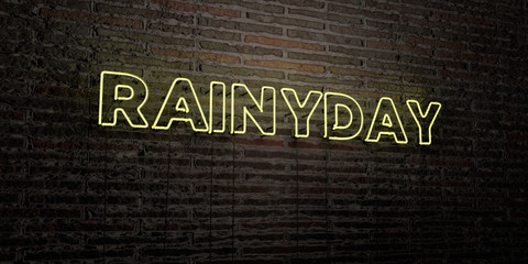 RAINYDAY -Realistic Neon Sign on Brick Wall background - 3D rendered royalty free stock image. Can be used for online banner ads and direct mailers..