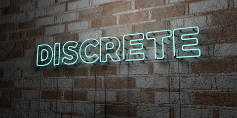 DISCRETE - Glowing Neon Sign on stonework wall - 3D rendered royalty free stock illustration.  Can be used for online banner ads and direct mailers..