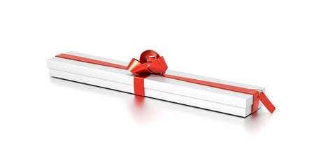White gift box with red ribbon bow tie from top side angle. Thin, wide, horizontal, long, rectangle and large size.