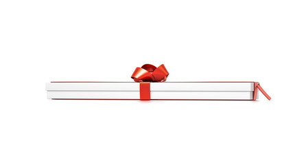 White gift box with red ribbon bow tie from front far side angle. Thin, wide, horizontal, long, rectangle and large size.