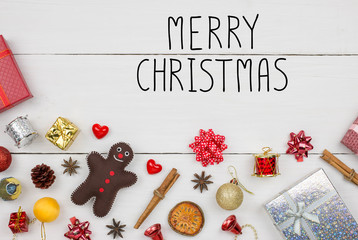 Christmas and Happy new year object decoration flat lay with copy space on white wooden background
