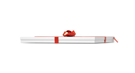 White gift box with red ribbon bow tie from front far side angle. Thin, horizontal, square and large size.
