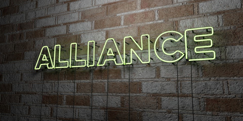 Fototapeta na wymiar ALLIANCE - Glowing Neon Sign on stonework wall - 3D rendered royalty free stock illustration. Can be used for online banner ads and direct mailers..