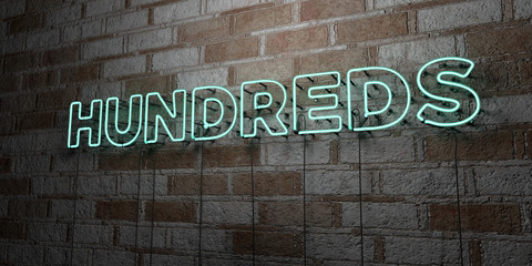 HUNDREDS - Glowing Neon Sign on stonework wall - 3D rendered royalty free stock illustration.  Can be used for online banner ads and direct mailers..
