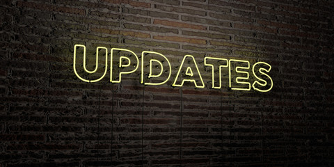 UPDATES -Realistic Neon Sign on Brick Wall background - 3D rendered royalty free stock image. Can be used for online banner ads and direct mailers..