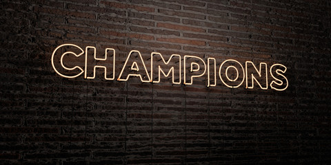 CHAMPIONS -Realistic Neon Sign on Brick Wall background - 3D rendered royalty free stock image. Can be used for online banner ads and direct mailers..