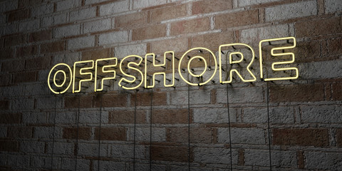 OFFSHORE - Glowing Neon Sign on stonework wall - 3D rendered royalty free stock illustration.  Can be used for online banner ads and direct mailers..