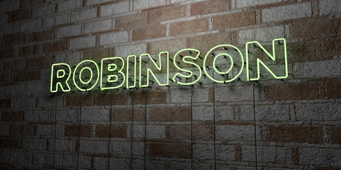 ROBINSON - Glowing Neon Sign on stonework wall - 3D rendered royalty free stock illustration.  Can be used for online banner ads and direct mailers..