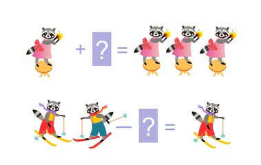 Fototapeta premium Magic math with cute raccoons. Educational game for children. Cartoon illustration of mathematical addition and subtraction