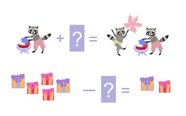 Magic math with cute raccoons. Educational game for children. Cartoon illustration of mathematical addition and subtraction
