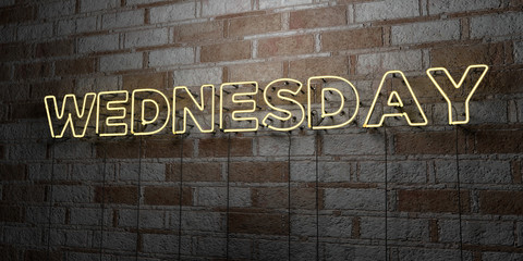 WEDNESDAY - Glowing Neon Sign on stonework wall - 3D rendered royalty free stock illustration.  Can be used for online banner ads and direct mailers..