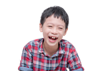 Young asian boy laughing over white background