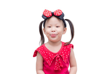 Little asian girl in red dress over white