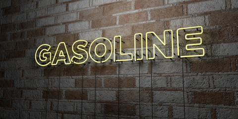 GASOLINE - Glowing Neon Sign on stonework wall - 3D rendered royalty free stock illustration.  Can be used for online banner ads and direct mailers..