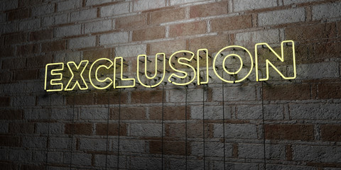 EXCLUSION - Glowing Neon Sign on stonework wall - 3D rendered royalty free stock illustration.  Can be used for online banner ads and direct mailers..