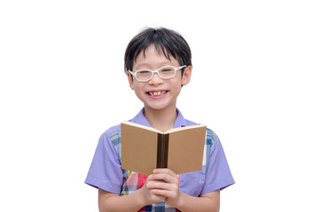 Asian boy reading a book on a white background