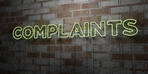 COMPLAINTS - Glowing Neon Sign on stonework wall - 3D rendered royalty free stock illustration.  Can be used for online banner ads and direct mailers..
