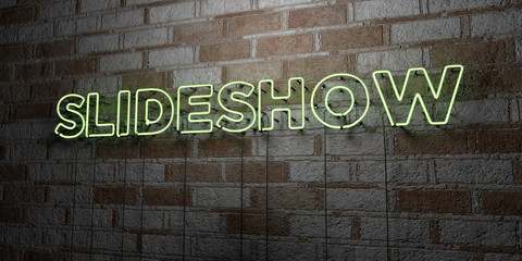 SLIDESHOW - Glowing Neon Sign on stonework wall - 3D rendered royalty free stock illustration.  Can be used for online banner ads and direct mailers..