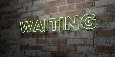 WAITING - Glowing Neon Sign on stonework wall - 3D rendered royalty free stock illustration.  Can be used for online banner ads and direct mailers..