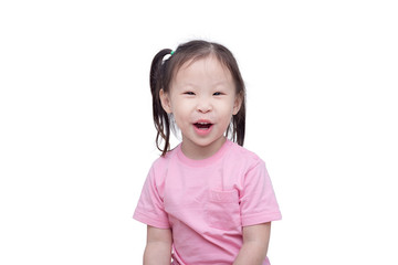 Little asian girl smiling over white background