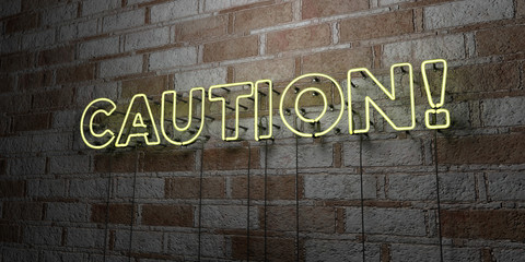 CAUTION! - Glowing Neon Sign on stonework wall - 3D rendered royalty free stock illustration.  Can be used for online banner ads and direct mailers..