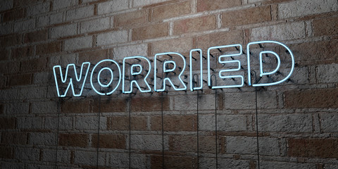 WORRIED - Glowing Neon Sign on stonework wall - 3D rendered royalty free stock illustration.  Can be used for online banner ads and direct mailers..